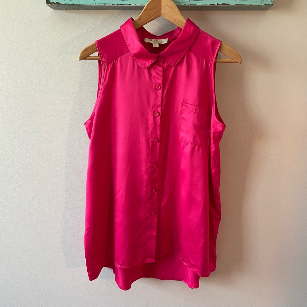 Olive & Oak, silky bright pink, sleeveless blouse, L, EUC